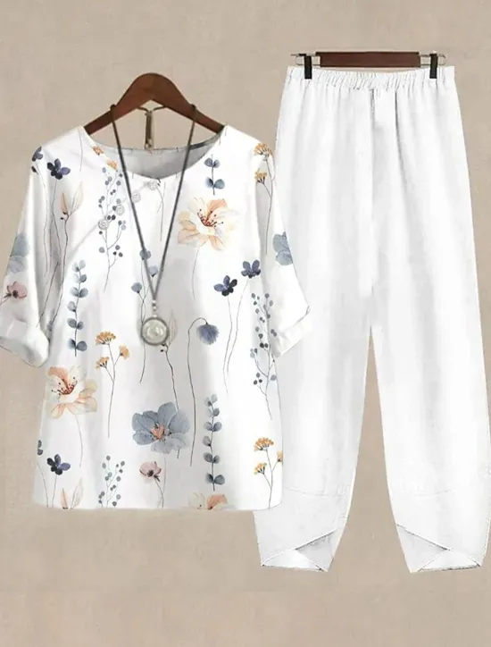 Best Women's Basic Shirt Pants Sets Half Sleeve Round Neck Ombre Floral Graphic Print Holiday Casual Daily Weekend White Yellow Light Blue Summer Regular Fit Women Two Piece Sets
