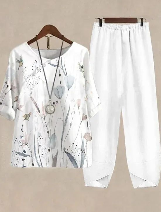 Best Women's Basic Shirt Pants Sets Half Sleeve Round Neck Ombre Floral Graphic Print Holiday Casual Daily Weekend White Yellow Light Blue Summer Regular Fit Women Two Piece Sets