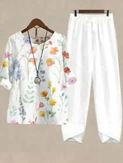 Best Women's Basic Shirt Pants Sets Half Sleeve Round Neck Ombre Floral Graphic Print Holiday Casual Daily Weekend White Yellow Light Blue Summer Regular Fit Women Two Piece Sets