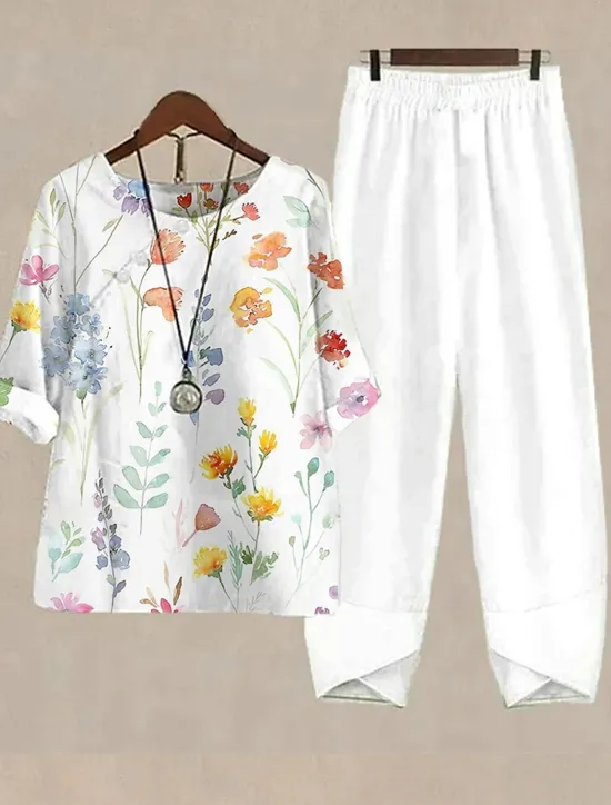 Best Women's Basic Shirt Pants Sets Half Sleeve Round Neck Ombre Floral Graphic Print Holiday Casual Daily Weekend White Yellow Light Blue Summer Regular Fit Women Two Piece Sets