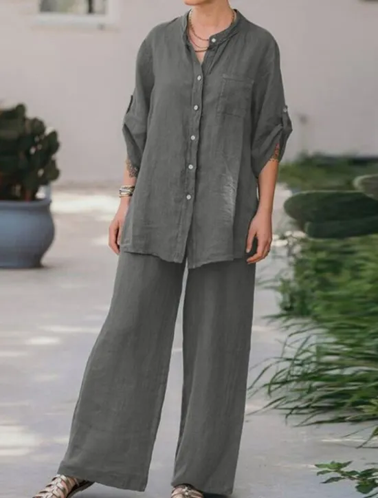 Best Women's Basic Shirt Two Piece Sets Pants Sets Wide Leg Pants Trousers Long Sleeve Shirt Collar Plain Daily Wear Casual Daily Navy Blue Orange Brown Spring & Summer Regular Fit Women Sets