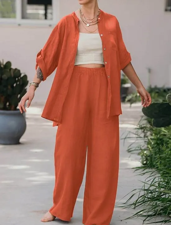 Best Women's Basic Shirt Two Piece Sets Pants Sets Wide Leg Pants Trousers Long Sleeve Shirt Collar Plain Daily Wear Casual Daily Navy Blue Orange Brown Spring & Summer Regular Fit Women Sets