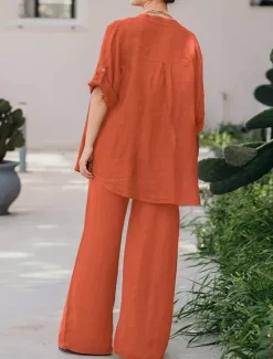 Best Women's Basic Shirt Two Piece Sets Pants Sets Wide Leg Pants Trousers Long Sleeve Shirt Collar Plain Daily Wear Casual Daily Navy Blue Orange Brown Spring & Summer Regular Fit Women Sets