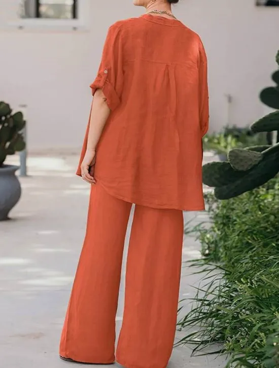 Best Women's Basic Shirt Two Piece Sets Pants Sets Wide Leg Pants Trousers Long Sleeve Shirt Collar Plain Daily Wear Casual Daily Navy Blue Orange Brown Spring & Summer Regular Fit Women Sets