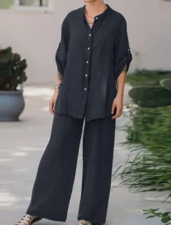 Best Women's Basic Shirt Two Piece Sets Pants Sets Wide Leg Pants Trousers Long Sleeve Shirt Collar Plain Daily Wear Casual Daily Navy Blue Orange Brown Spring & Summer Regular Fit Women Sets