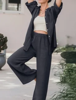 Best Women's Basic Shirt Two Piece Sets Pants Sets Wide Leg Pants Trousers Long Sleeve Shirt Collar Plain Daily Wear Casual Daily Navy Blue Orange Brown Spring & Summer Regular Fit Women Sets