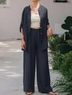 Best Women's Basic Shirt Two Piece Sets Pants Sets Wide Leg Pants Trousers Long Sleeve Shirt Collar Plain Daily Wear Casual Daily Navy Blue Orange Brown Spring & Summer Regular Fit Women Sets