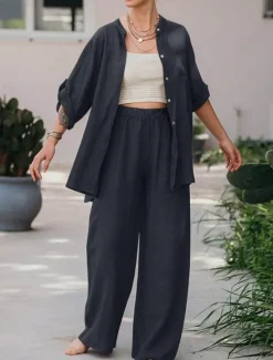 Best Women's Basic Shirt Two Piece Sets Pants Sets Wide Leg Pants Trousers Long Sleeve Shirt Collar Plain Daily Wear Casual Daily Navy Blue Orange Brown Spring & Summer Regular Fit Women Sets