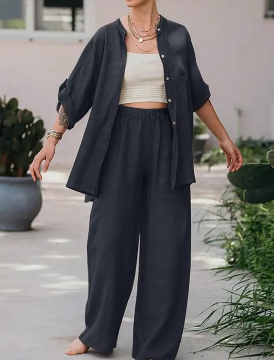 Best Women's Basic Shirt Two Piece Sets Pants Sets Wide Leg Pants Trousers Long Sleeve Shirt Collar Plain Daily Wear Casual Daily Navy Blue Orange Brown Spring & Summer Regular Fit Women Sets