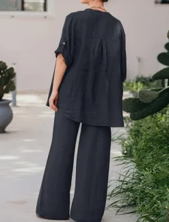 Best Women's Basic Shirt Two Piece Sets Pants Sets Wide Leg Pants Trousers Long Sleeve Shirt Collar Plain Daily Wear Casual Daily Navy Blue Orange Brown Spring & Summer Regular Fit Women Sets