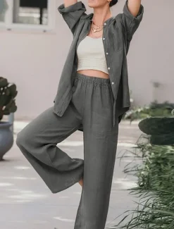 Best Women's Basic Shirt Two Piece Sets Pants Sets Wide Leg Pants Trousers Long Sleeve Shirt Collar Plain Daily Wear Casual Daily Navy Blue Orange Brown Spring & Summer Regular Fit Women Sets