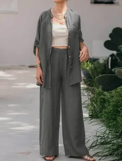 Best Women's Basic Shirt Two Piece Sets Pants Sets Wide Leg Pants Trousers Long Sleeve Shirt Collar Plain Daily Wear Casual Daily Navy Blue Orange Brown Spring & Summer Regular Fit Women Sets
