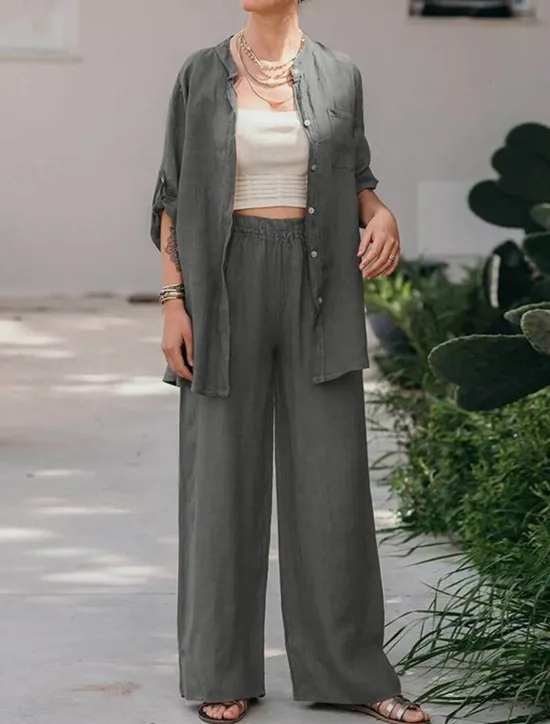 Best Women's Basic Shirt Two Piece Sets Pants Sets Wide Leg Pants Trousers Long Sleeve Shirt Collar Plain Daily Wear Casual Daily Navy Blue Orange Brown Spring & Summer Regular Fit Women Sets