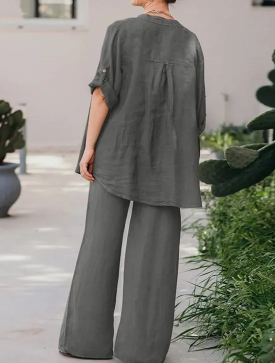 Best Women's Basic Shirt Two Piece Sets Pants Sets Wide Leg Pants Trousers Long Sleeve Shirt Collar Plain Daily Wear Casual Daily Navy Blue Orange Brown Spring & Summer Regular Fit Women Sets
