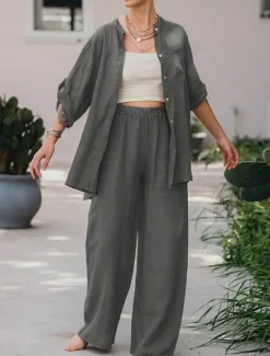Best Women's Basic Shirt Two Piece Sets Pants Sets Wide Leg Pants Trousers Long Sleeve Shirt Collar Plain Daily Wear Casual Daily Navy Blue Orange Brown Spring & Summer Regular Fit Women Sets