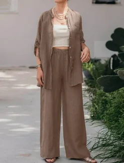 Best Women's Basic Shirt Two Piece Sets Pants Sets Wide Leg Pants Trousers Long Sleeve Shirt Collar Plain Daily Wear Casual Daily Navy Blue Orange Brown Spring & Summer Regular Fit Women Sets