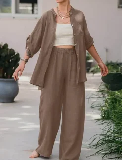 Best Women's Basic Shirt Two Piece Sets Pants Sets Wide Leg Pants Trousers Long Sleeve Shirt Collar Plain Daily Wear Casual Daily Navy Blue Orange Brown Spring & Summer Regular Fit Women Sets