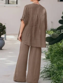 Best Women's Basic Shirt Two Piece Sets Pants Sets Wide Leg Pants Trousers Long Sleeve Shirt Collar Plain Daily Wear Casual Daily Navy Blue Orange Brown Spring & Summer Regular Fit Women Sets