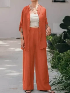 Best Women's Basic Shirt Two Piece Sets Pants Sets Wide Leg Pants Trousers Long Sleeve Shirt Collar Plain Daily Wear Casual Daily Navy Blue Orange Brown Spring & Summer Regular Fit Women Sets