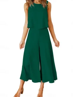 Sale Women's Basic Tank Top Wide Leg Pants Sleeveless Crew Neck Plain Casual Weekend Black Pink Navy Blue Summer Regular Fit Women Two Piece Sets