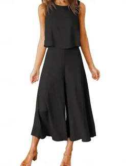 Sale Women's Basic Tank Top Wide Leg Pants Sleeveless Crew Neck Plain Casual Weekend Black Pink Navy Blue Summer Regular Fit Women Two Piece Sets