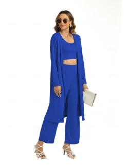 Best Women's Basic Three Piece Sets Long Sleeve Round Neck Plain Casual Daily Light Blue Caramel color Black Spring Loose Fit Women Two Piece Sets