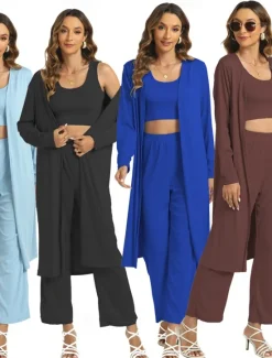 Best Women's Basic Three Piece Sets Long Sleeve Round Neck Plain Casual Daily Light Blue Caramel color Black Spring Loose Fit Women Two Piece Sets