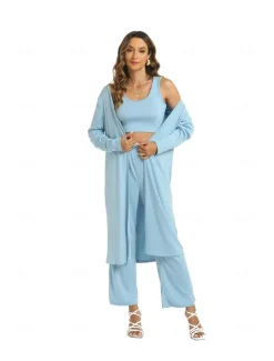 Best Women's Basic Three Piece Sets Long Sleeve Round Neck Plain Casual Daily Light Blue Caramel color Black Spring Loose Fit Women Two Piece Sets