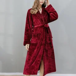 Women's Bathrobe Robes Gown Nighty 1 PCS Pure Color Warm Comfort Plush Robe Home Street Fleece Terry Warm Lapel Long Sleeve Basic Belt Included Fall Winter Home Outfits Women Pajama-Setter