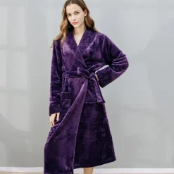 Women's Bathrobe Robes Gown Nighty 1 PCS Pure Color Warm Comfort Plush Robe Home Street Fleece Terry Warm Lapel Long Sleeve Basic Belt Included Fall Winter Home Outfits Women Pajama-Setter