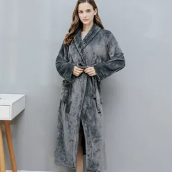 Women's Bathrobe Robes Gown Nighty 1 PCS Pure Color Warm Comfort Plush Robe Home Street Fleece Terry Warm Lapel Long Sleeve Basic Belt Included Fall Winter Home Outfits Women Pajama-Setter
