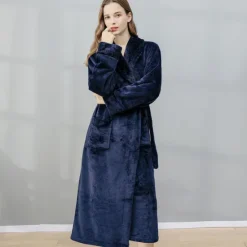 Women's Bathrobe Robes Gown Nighty 1 PCS Pure Color Warm Comfort Plush Robe Home Street Fleece Terry Warm Lapel Long Sleeve Basic Belt Included Fall Winter Home Outfits Women Pajama-Setter