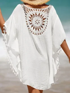 Sale Women's Beach Cover-Up White Crochet Tassel Bohemian Poncho Casual Summer One Size Fits Most Breathable Lightweight Women Cover Up