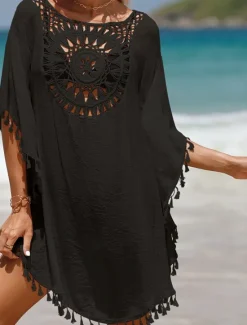 Sale Women's Beach Cover-Up White Crochet Tassel Bohemian Poncho Casual Summer One Size Fits Most Breathable Lightweight Women Cover Up