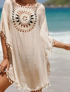 Sale Women's Beach Cover-Up White Crochet Tassel Bohemian Poncho Casual Summer One Size Fits Most Breathable Lightweight Women Cover Up