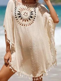 Sale Women's Beach Cover-Up White Crochet Tassel Bohemian Poncho Casual Summer One Size Fits Most Breathable Lightweight Women Cover Up