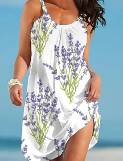Women's Beach Dress Floral Leaf Print Spaghetti Strap Mini Dress Basic Casual Daily Vacation Sleeveless Summer Spring Women Sundresses