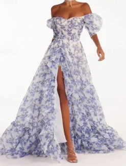 Clearance Women's Beach Dress Floral Print Asymmetrical Off Shoulder Lantern Sleeve Long Dress Maxi Dress Cute Stylish Wedding Valentine's Day Short Sleeve Summer Spring Women Cocktail Dress