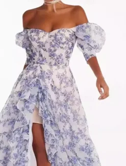 Clearance Women's Beach Dress Floral Print Asymmetrical Off Shoulder Lantern Sleeve Long Dress Maxi Dress Cute Stylish Wedding Valentine's Day Short Sleeve Summer Spring Women Cocktail Dress