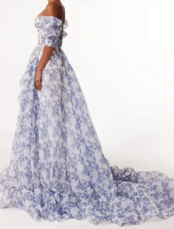 Clearance Women's Beach Dress Floral Print Asymmetrical Off Shoulder Lantern Sleeve Long Dress Maxi Dress Cute Stylish Wedding Valentine's Day Short Sleeve Summer Spring Women Cocktail Dress