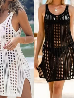 Online Women's Beach Dress Sleeveless Scoop Neck Knit Side Slit Multicolor Semi-Sheer Summer Vacation Casual Relaxed Fit White One-Size Women Cover Up