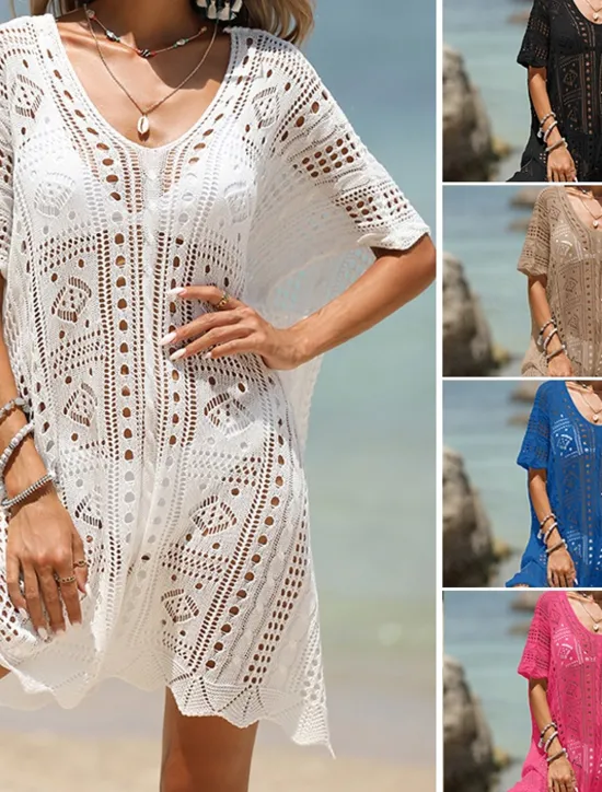 Women's Beach Dresses Cut Out Crochet Beach Wear Holiday Sleeveless Black White Blue Color Women Cover Up