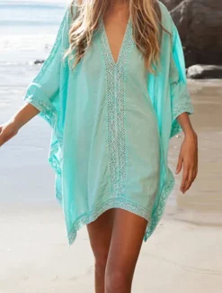Best Women's Beach Dresses Lace Dress Beach Wear Mini Dress Slim Dolman Classic Modern Plain V Neck 3/4 Length Sleeve Loose Fit Vacation Beach White Blue Summer Spring One Size Women Cover Up|White Dresses