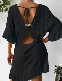 New Women's Beach Dresses Mini Dress Backless Ruffle Hem Vacation Beach Streetwear Basic V Neck 3/4 Length Sleeve Black White Color Women Cover Up|White Dresses