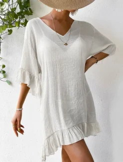 New Women's Beach Dresses Mini Dress Backless Ruffle Hem Vacation Beach Streetwear Basic V Neck 3/4 Length Sleeve Black White Color Women Cover Up|White Dresses