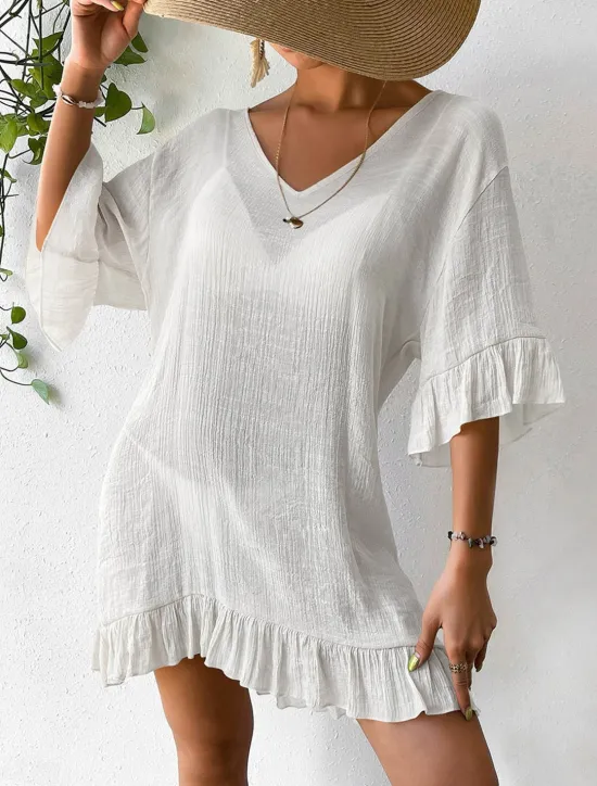 New Women's Beach Dresses Mini Dress Backless Ruffle Hem Vacation Beach Streetwear Basic V Neck 3/4 Length Sleeve Black White Color Women Cover Up|White Dresses
