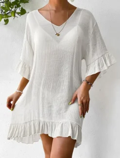 New Women's Beach Dresses Mini Dress Backless Ruffle Hem Vacation Beach Streetwear Basic V Neck 3/4 Length Sleeve Black White Color Women Cover Up|White Dresses