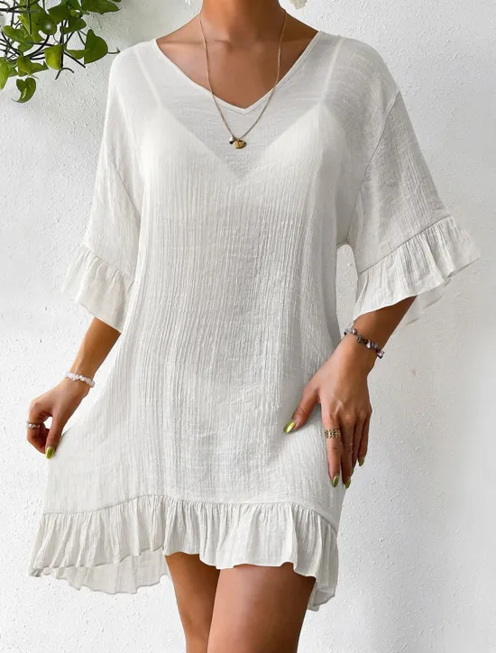 New Women's Beach Dresses Mini Dress Backless Ruffle Hem Vacation Beach Streetwear Basic V Neck 3/4 Length Sleeve Black White Color Women Cover Up|White Dresses