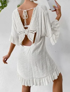 New Women's Beach Dresses Mini Dress Backless Ruffle Hem Vacation Beach Streetwear Basic V Neck 3/4 Length Sleeve Black White Color Women Cover Up|White Dresses