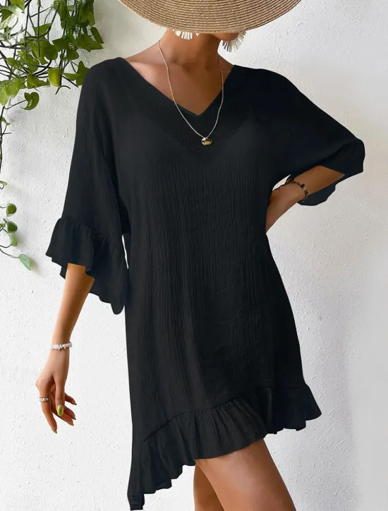 New Women's Beach Dresses Mini Dress Backless Ruffle Hem Vacation Beach Streetwear Basic V Neck 3/4 Length Sleeve Black White Color Women Cover Up|White Dresses